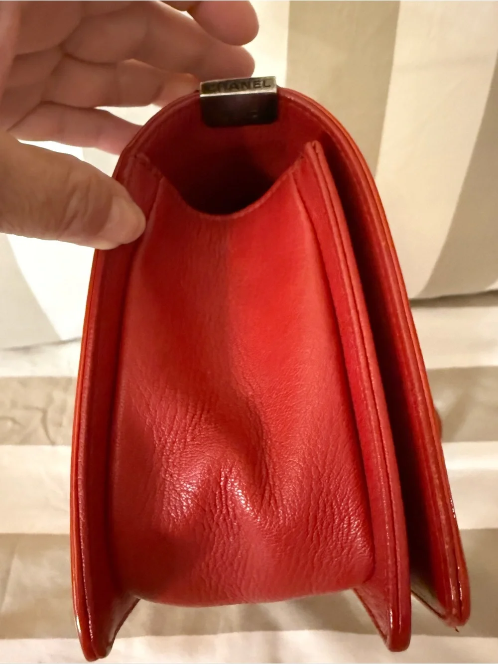 CHANEL Red Quilted Boy Bag with gray-Tone Hardware